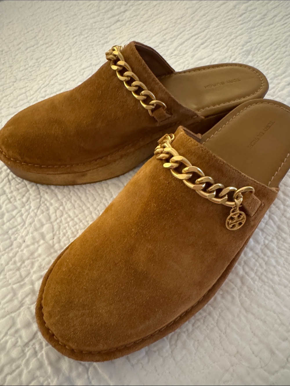 Tory Burch Suede Mule Clog with Gold Chain — Camel women’s sz 11 beautiful!